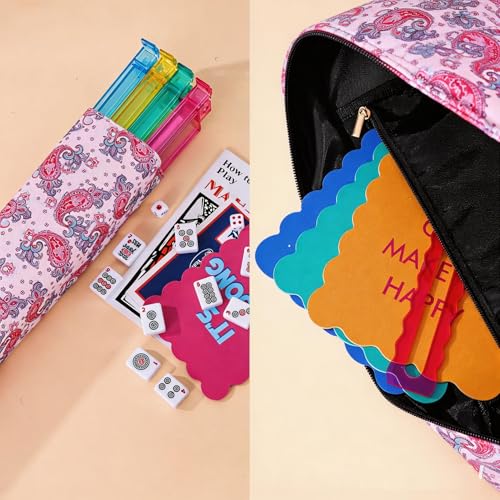 Mahjong Tote Bag for Tiles Racks & Pusher - Pink Printed Empty Mahjong Bag Set, Stylish Gift Bag for Girls’ Night & Post-Brunch Games (Case Only) - color: Pink Paisley Printed