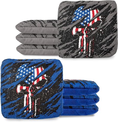 Play Platoon Pro Cornhole Bags Set of 8 - Professional Dual Sided Slick and Sticky Side Competition Corn Hole Bags - Tournament Series - color: Blue / Gray American Skull