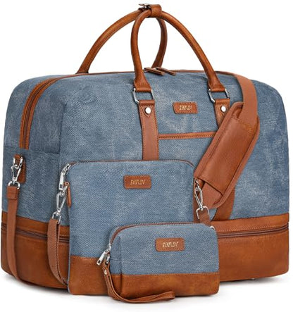 Weekender Bag for Women, Large Overnight Bag Canvas Travel Duffel Bag Carry On Tote with Shoe Compartment 21" 3Pcs Set - color: A13-brown+blue