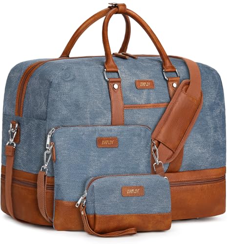 Weekender Bag for Women, Large Overnight Bag Canvas Travel Duffel Bag Carry On Tote with Shoe Compartment 21" 3Pcs Set - color: A13-brown+blue