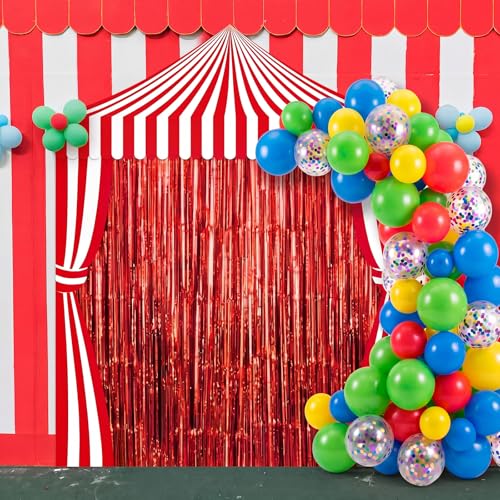 Peryiter 119 Pcs Carnival Circus Party Decorations Set Red White Striped Backdrop Banner Foil Fringe Curtain Balloon Arch Kit, Carnival Circus Theme Supplies for Birthday Party, Event Celebration - style: Carnival