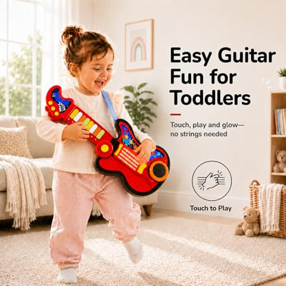 Toddler Guitar Toy for Boys & Girls 1-3, 4-in-1 Touch & Play Kids Guitar Piano Musical Toy with Projector Light, Drum, Lullabies & Volume Control, First Guitar Birthday Gift for Kids & Babies Ages 1-5 - color: Red