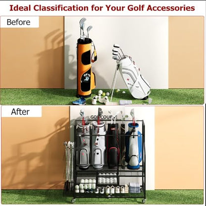 Golf Bag Storage Garage Organizer, Golf Bag Stand Fit for 4 Golf Bags, Golf Clubs, Golf Balls, Golf Equipment Accessories, Golf Bag Storage Rack with Wheels for Garage, Club, Shed, Basement - size: 45.7" L x 42.2 " W x 15.7“ H