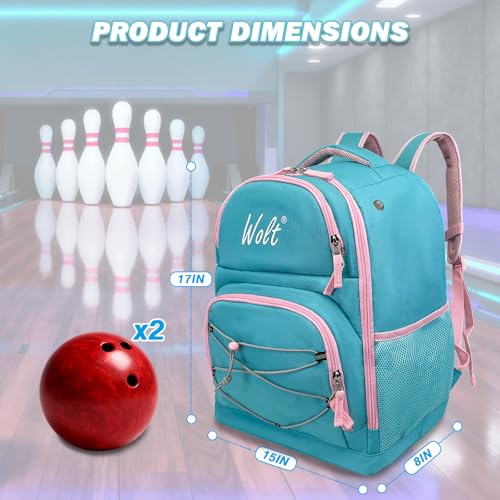 WOLT Bowling Ball Bag,2 Ball Bowling Backpack with Protective Foam Padded & Shoe Compartment Fits Up to Mens Size 16 - color: Mint green
