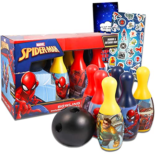 Marvel Spiderman Bowling Games Activities Bundle for Toddlers, Kids - 3 Pc Superhero Bowling Set with Stickers, and More (Spiderman Playset)