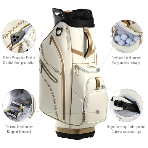 uniHimal Golf Cart Bag with 14-Way Full-Length Dividers, Premium PU Leather Golf Bag for Men Women with Plush Top, Magnetic Pocket and Rain Cover, Lightweight Golf Club Bag Includes Cooler Pockets - color: Beige Gold