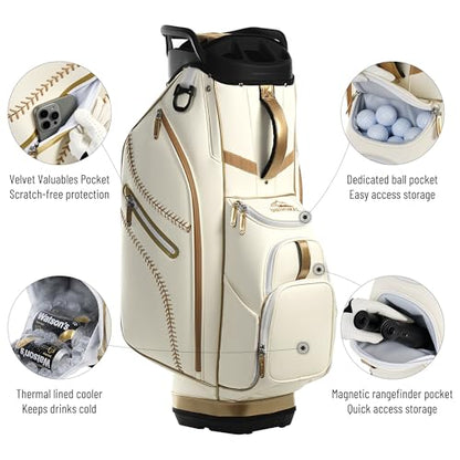 uniHimal Golf Cart Bag with 14-Way Full-Length Dividers, Premium PU Leather Golf Bag for Men Women with Plush Top, Magnetic Pocket and Rain Cover, Lightweight Golf Club Bag Includes Cooler Pockets - color: Beige Gold