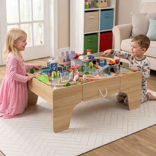 Costzon 110-Piece Wooden Train Table with Drawer for 3+ Years Old Toddlers | 3-in-1 Kids Activity Play Set w/ Reversible Tabletop, Storage Space, Train Tracks, Figures, Vehicles, and Buildings - size: 42" x 25" x 16" (L x W x H)