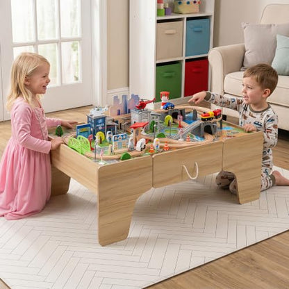 Costzon 110-Piece Wooden Train Table with Drawer for 3+ Years Old Toddlers | 3-in-1 Kids Activity Play Set w/ Reversible Tabletop, Storage Space, Train Tracks, Figures, Vehicles, and Buildings - size: 42" x 25" x 16" (L x W x H)