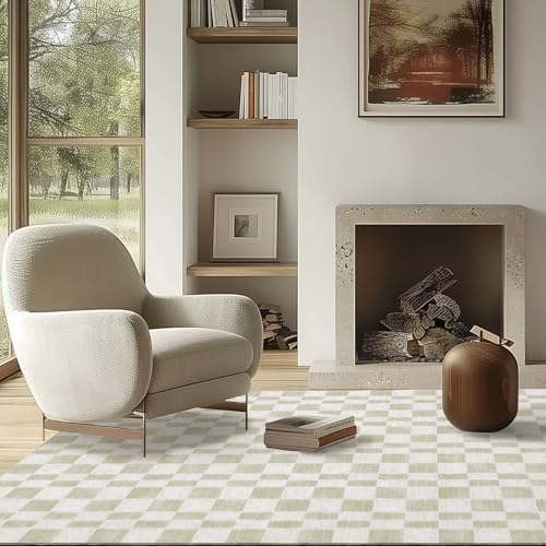 EVERGRACE Checkered Plaid Area Rug 5x7, Soft Faux Wool Rugs Washable Anti Slip Rugs Large Rug Carpet for Entryway Bedroom Living Room Hallway Kitchen Dining Room and Laundry Room, Beige - color: Beige, size: 5' x 7' (Rectangular)