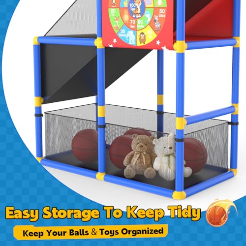EagleStone 2-in-1 Kids Arcade Basketball Hoop with Dart Board,4 Balls Adjustable Height Basketball Toy Indoor Outdoor Carnival Games Gift for Boys Girls Toddlers Ages 3-6 Years Old,Pump Included - color: Red