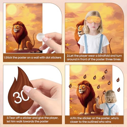 PLULON Pin The Tail on The Lion Safari Party Game for Kids, Birthday Games Big Poster with Tail Stickers for Zoo Animal Lion Party Favors Decorations Boys Birthday Jungle Party Supplies - style: Lion B