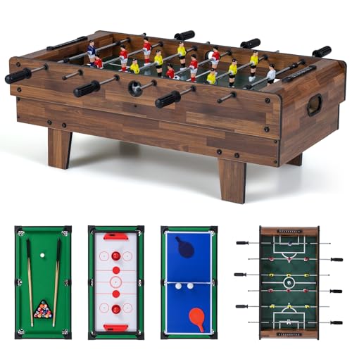 GYMAX 4 in 1 Multi Game Table, 32" Combo Game Table Set Includes Foosball, Pool Table, Hockey, Ping Pong Tabletops w/Accessories for Kids & Adults, Home, Game Room, Family Nights - color: Wood Grain