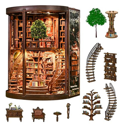 Book Nook Kit, 3D Wooden Puzzles for Adults, DIY Miniature House Kit for Adults, Booknook with LED Light, Gifts for Family, Friends and Book Lovers, Bookshelf Decor(Wisdom Rings)