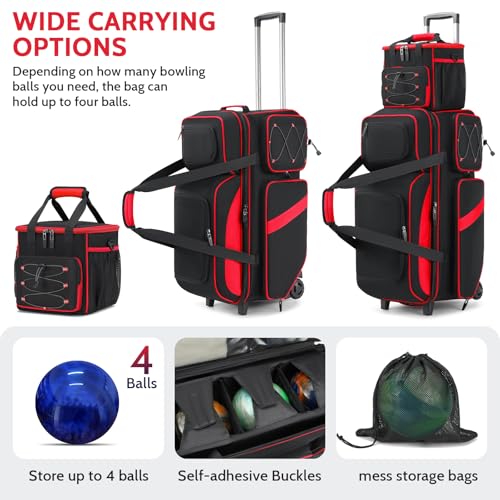 4 Ball Bowling Bag with Wheels, 3 Ball Bowling Bags Roller with 1 Ball Add On Bag, Multi-Pockets & Shoe Compartment (Fits Up to Size 16) - color: Red