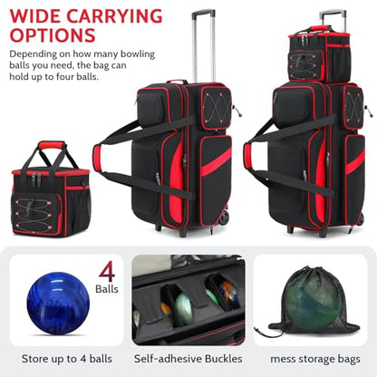 4 Ball Bowling Bag with Wheels, 3 Ball Bowling Bags Roller with 1 Ball Add On Bag, Multi-Pockets & Shoe Compartment (Fits Up to Size 16) - color: Red