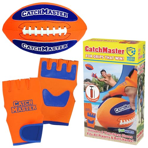 CatchMaster Water Football Set – Pool & Beach Easy Catch Hook and Loop Ball + 2 Gloves, Waterproof Outdoor Backyard Game