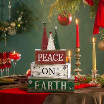 Lineshading 4 Pcs Christmas Table Decoration Wooden Christmas Tree Sign Winter Tiered Tray Decor Decorative Red Green and White Tree Block Signs Xmas Table Centerpiece Farmhouse Decor for Home Kitchen - style: Christmas Tree
