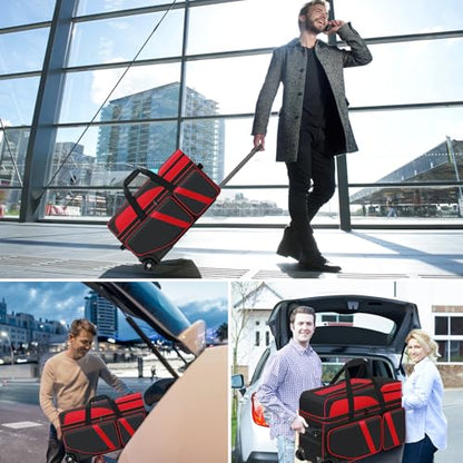 3 Ball Bowling Bags With Wheels,Bowling Bags 3 Ball Roller With Shoes Compartment And Multiple Pockets,3 Ball Bowling Bag has Retractable Handle Extends to 41.5 in - color: red