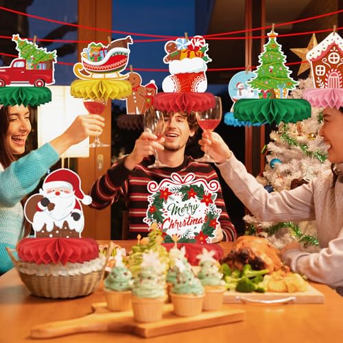 Merry Christmas Party Decorations Bundle - Includes Festive Christmas Honeycomb Centerpieces ，Santa Claus Snowman Table Toppers, Perfect for Classroom Decor, Christmas & Winter Birthday Party Supplies - style: Christmas