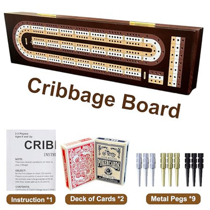 Cribbage Board Game Set, Premium Wooden Board with Magnetic Lock and Built-in Storage, 2 Playing Cards & 9 Metal Pegs, 3 Track Board for 2–3 Player, Travel Portable Game for Adults and Family - size: Classic
