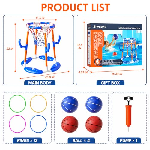 VLQ Floating Pool Basketball Hoop & Ring Toss Set, 2-in-1 Inflatable Summer Water Toy for Kids and Adults, Outdoor Party Game with 4 Balls, 12 Rings and Pump for Swimming Pools