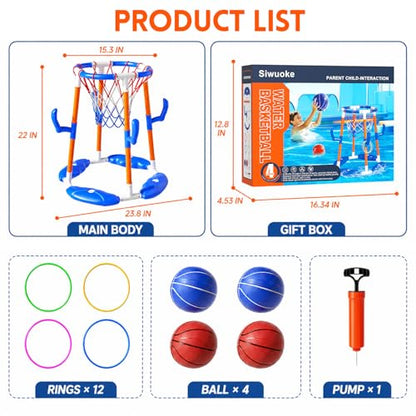 VLQ Floating Pool Basketball Hoop & Ring Toss Set, 2-in-1 Inflatable Summer Water Toy for Kids and Adults, Outdoor Party Game with 4 Balls, 12 Rings and Pump for Swimming Pools