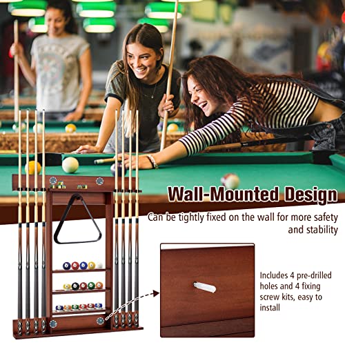 LDAILY Pool Cue Rack Only, Wooden Pool Cue Holder, Holds 8 Cues, 16 Billiard Balls & Ball Rack, Pool Stick Holder Wall Mount for Billiard Room, Club & Man Cave, 31" L x 3" W x 36" H (Coffee)