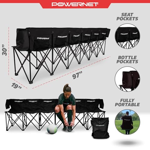 PowerNet Carli Lloyd 6 Seater Team Bench, Backpack Style Carry Bag Included, Ultra Portable, Great for Teams, Soccer Basketball Football Practice and Games - color: Black