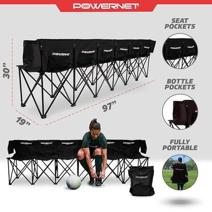 PowerNet Carli Lloyd 6 Seater Team Bench, Backpack Style Carry Bag Included, Ultra Portable, Great for Teams, Soccer Basketball Football Practice and Games - color: Black