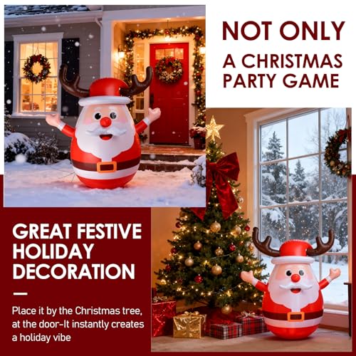 Inflatable Santa Reindeer Ring Toss Game with Wobbling Punching Bag, Christmas Party Game for Kids and Adults, Holiday Decoration
