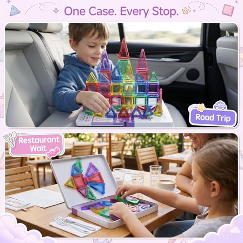 Magnetic Tiles for Kids Travel: 40pcs Portable Mini Building Toy - 30-Sec Iron Case Opens Into 10.6-Inch Play Board - STEM Gift for Toddlers Ages 3-6 - Airplane Road Trip Restaurant - style: 40PCS Purple
