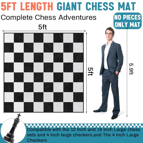 5x5ft Giant Chess Game Mat Nylon Board Mat for Outdoor with 4 Ground Nails and Storage Bag, Compatible with 12 16 Inch Giant Chess Sets and 4 Inch Large Checkers, Checker Not Included - size: 5x5ft