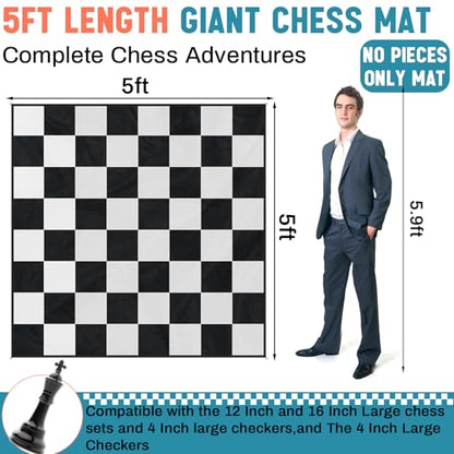 5x5ft Giant Chess Game Mat Nylon Board Mat for Outdoor with 4 Ground Nails and Storage Bag, Compatible with 12 16 Inch Giant Chess Sets and 4 Inch Large Checkers, Checker Not Included - size: 5x5ft