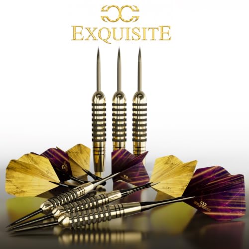 CC-Exquisite Premium Steel Tip Darts Set - Professional Darts, Brass Barrels, Metal Tip Darts, Extra Flights, (12) Aluminum Shafts 35/48, O-Rings, Dart Tool, Dart Sharpener, Darts Case