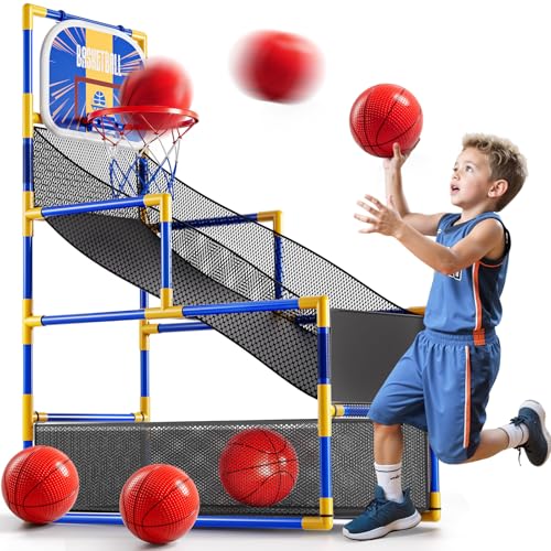 Arcade Basketball Game Indoor, Kids Ajustable Basketball Hoop, Outdoor Carnival Sports Play Toy with 4 Balls and Air Pump, Educational Birthday Gift for Boys Girls 3 4 5 6 7 8 Year Old (Blue)