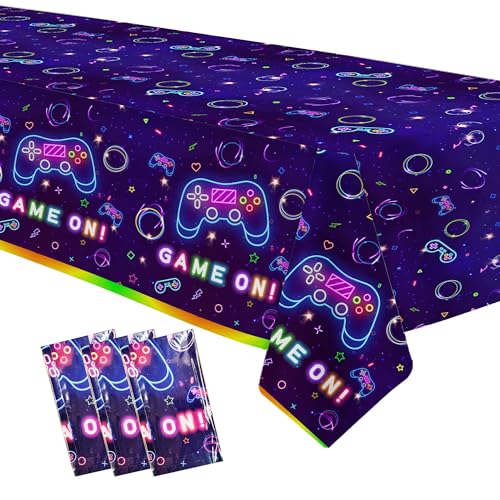 Video Game Party Tablecloth Decorations - Disposable Neon Glow Level Up Game On Birthday Party Supplies Table Cover - 3 Pack (54in x 108in)