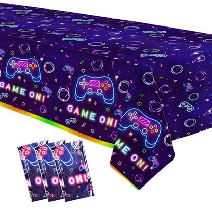 Video Game Party Tablecloth Decorations - Disposable Neon Glow Level Up Game On Birthday Party Supplies Table Cover - 3 Pack (54in x 108in)