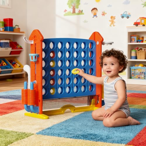 Giant Connect Game - Jumbo 4-to-Score Giant Set | 42 Jumbo Rings Row Board Game 4 Connect with Basketball Hoop, Perfect for Kids, Family and Party Floor Games