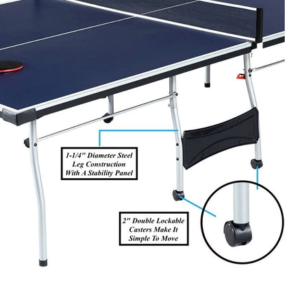 Folding Rolling Table Tennis Table Indoor Ping Pong Table with 2 Paddles 2 Balls 1 Net and Post Set Fold-Up Design 4 Wheels for Easy Movement Perfect Christmas New Year Holiday Season Gifts