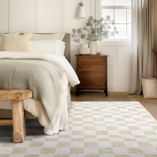 EVERGRACE Checkered Plaid Area Rug 6x9, Soft Faux Wool Rugs Washable Anti Slip Rugs Large Rug Carpet for Entryway Bedroom Living Room Hallway Kitchen Dining Room and Laundry Room, Beige - color: Beige, size: 6' x 9' (Rectangular)