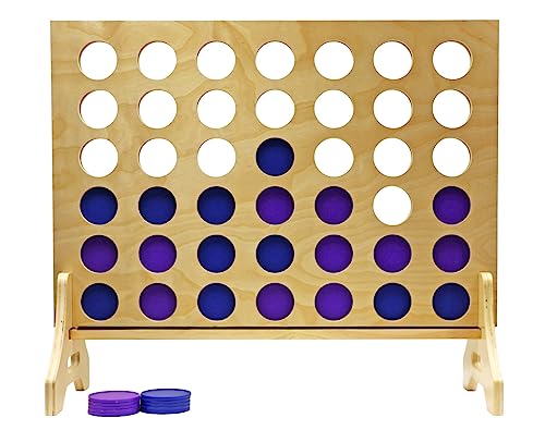 Giant 4 in a Row Game for Family & Adults – Tailgating Pros Jumbo Natural Wooden Four in a Row Indoor Outdoor Yard Game for Family Party Fun, Portable Activities for Patio, Backyard, and Camping - color: Blue / Purple