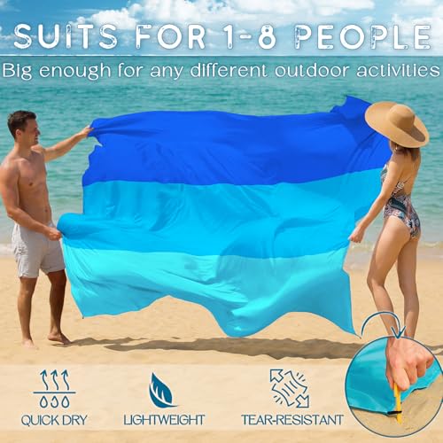 BYDOLL Beach Blanket Waterproof Sandproof Large Sand Free,78''X81''/10'X9' Oversized Sandless Lightweight Blanket Picnic Mat for Beach Travel Camping Hiking with Stakes - color: Blue3, size: 10'X9'