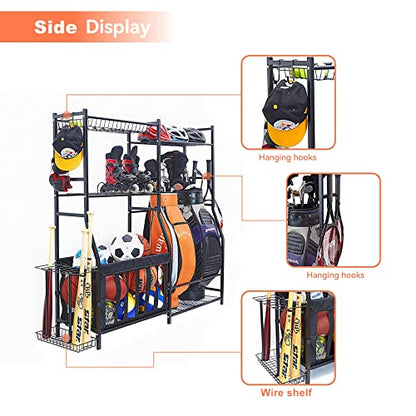 WALMANN Garage Sports Equipment Organizer, Golf Bag Stand for Garage Ball Storage Rack Indoor/Outdoor Kids Toys Storage Organizer Bins, Ball Holder with Baskets