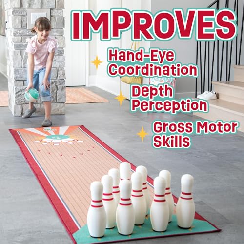 MindWare Oh So Fun! Deluxe Bowling Pins, Ball & Rug Set – Safe & Fun Foam Bowling Set for Kids Ages 3 & Up