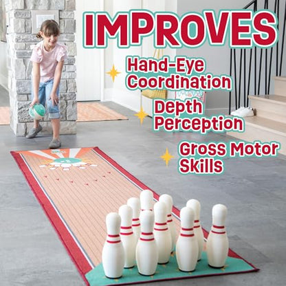 MindWare Oh So Fun! Deluxe Bowling Pins, Ball & Rug Set – Safe & Fun Foam Bowling Set for Kids Ages 3 & Up