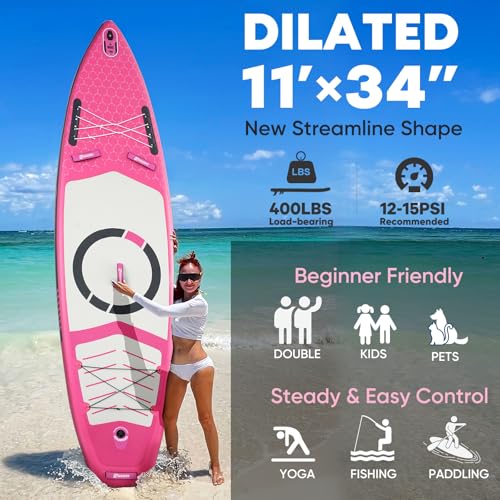 Inflatable Paddle Board,Stand Up Paddle Board Set, Extra Wide SUP Board with Removable Fin, Floating Paddle, Hand Pump, Waterproof Phone Pouch,Traveling Board - color: FT pink