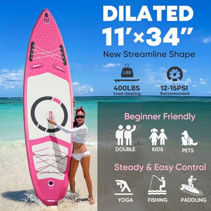 Inflatable Paddle Board,Stand Up Paddle Board Set, Extra Wide SUP Board with Removable Fin, Floating Paddle, Hand Pump, Waterproof Phone Pouch,Traveling Board - color: FT pink