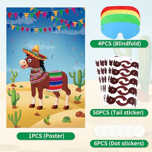 Hxezoc Pin The Tail On The Donkey Party Game with 50 Pcs Tails Large Mexican Donkey Games Poster for Kids Birthday Party Carnival Fiesta Party Supplies