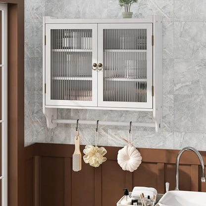 Retro Style Haze Double Glass Door Wood Wall Cabinet with Detachable Shelves for Office, Dining Room,Living Room, Kitchen and Bathroom White Washed - color: White Washed